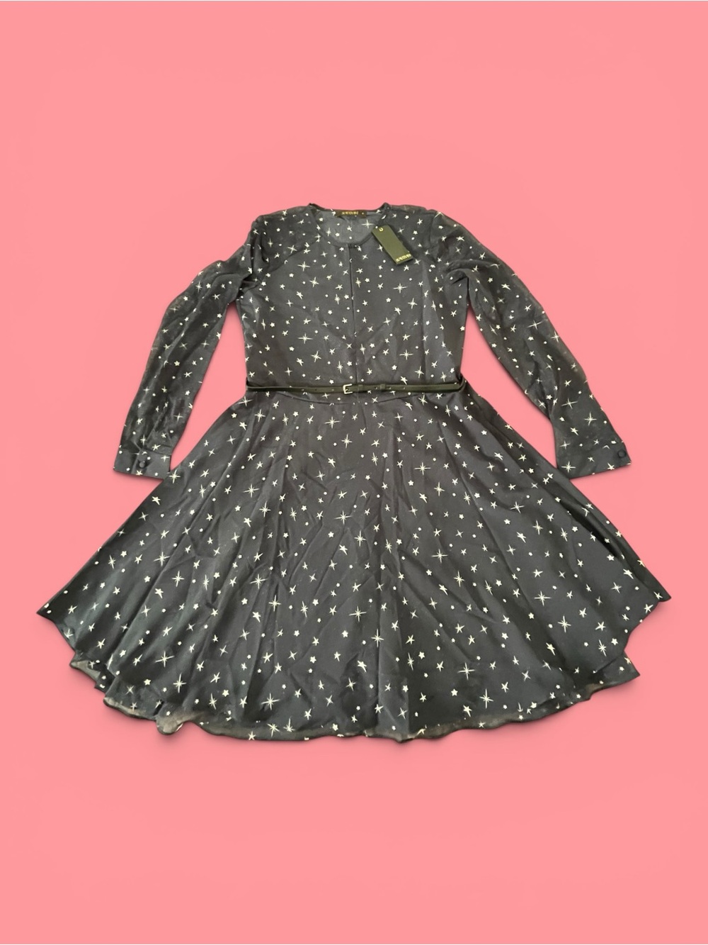 Supertrash NWT Star-Print Dandy Stars Navy Blue Long Sleeve Dress with Belt
